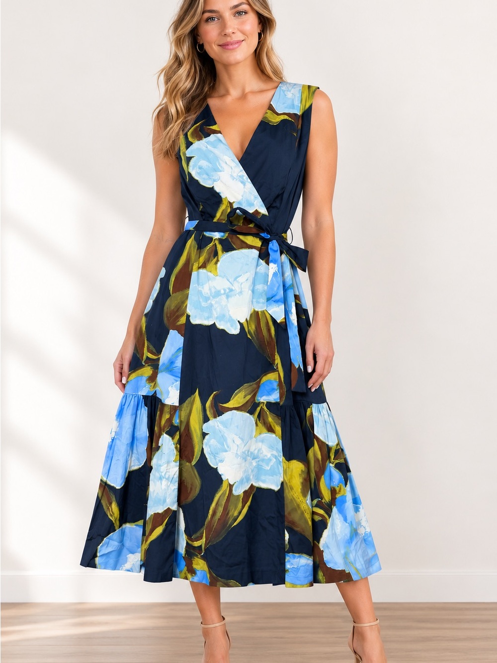 Donna Karan Navy Blue Floral Wrap Midi Dress